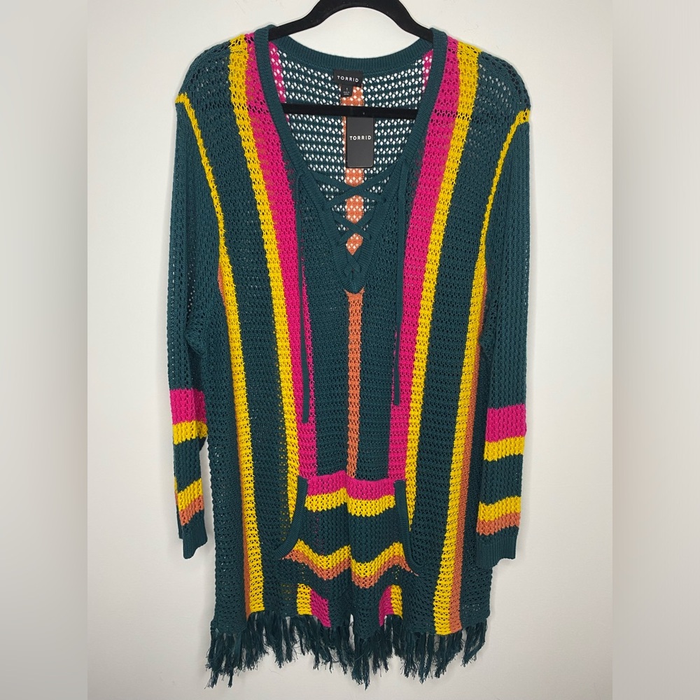 🛑 SOLD 🛑 Torrid Size 1 Striped Fringe Lace Up Pullover Sweater Plus Multi Color